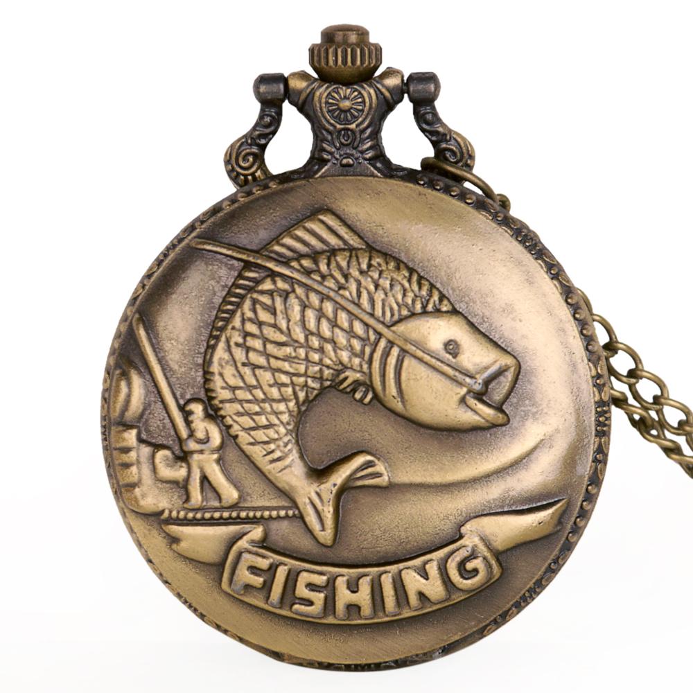 Bronze vintage lommeur halskæde kæde vedhæng kvarts lommeur fiske tema herre ur fiske mønster til mænd kvinder