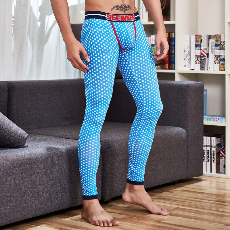 Men's Single Layer Winter Warm Pants Stars Printing Thin Young Man Based Leggings Long Johns