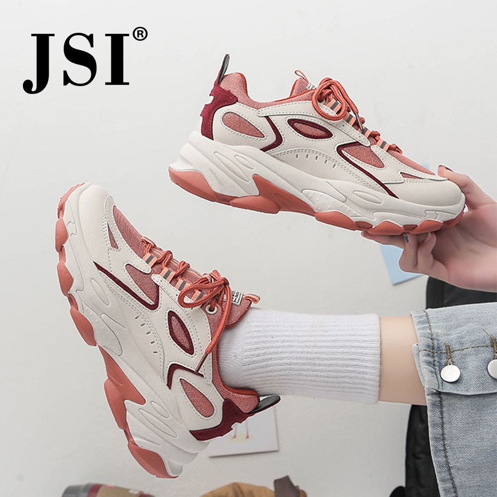JSI Women Chunky Flat Platform Sneakers Round Toe Lace-Up Mixed Colors Air Mesh Casual Shoes Narrow Band Breathable Sneakers JY2