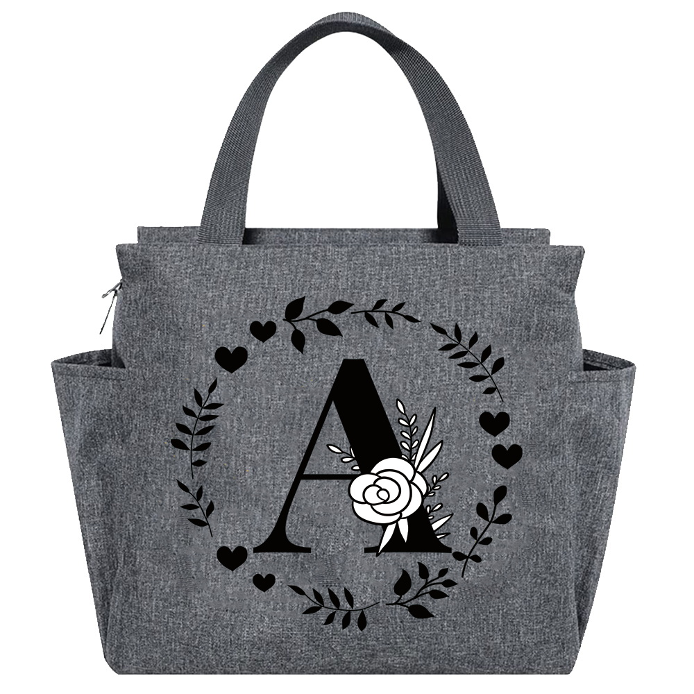 Lunch Bag Aesthetic Thermal Bag Grey Color Pocket Cute Sweet Garland Letter Series Printing Tote Food Storage Bag Convenient Kid: black