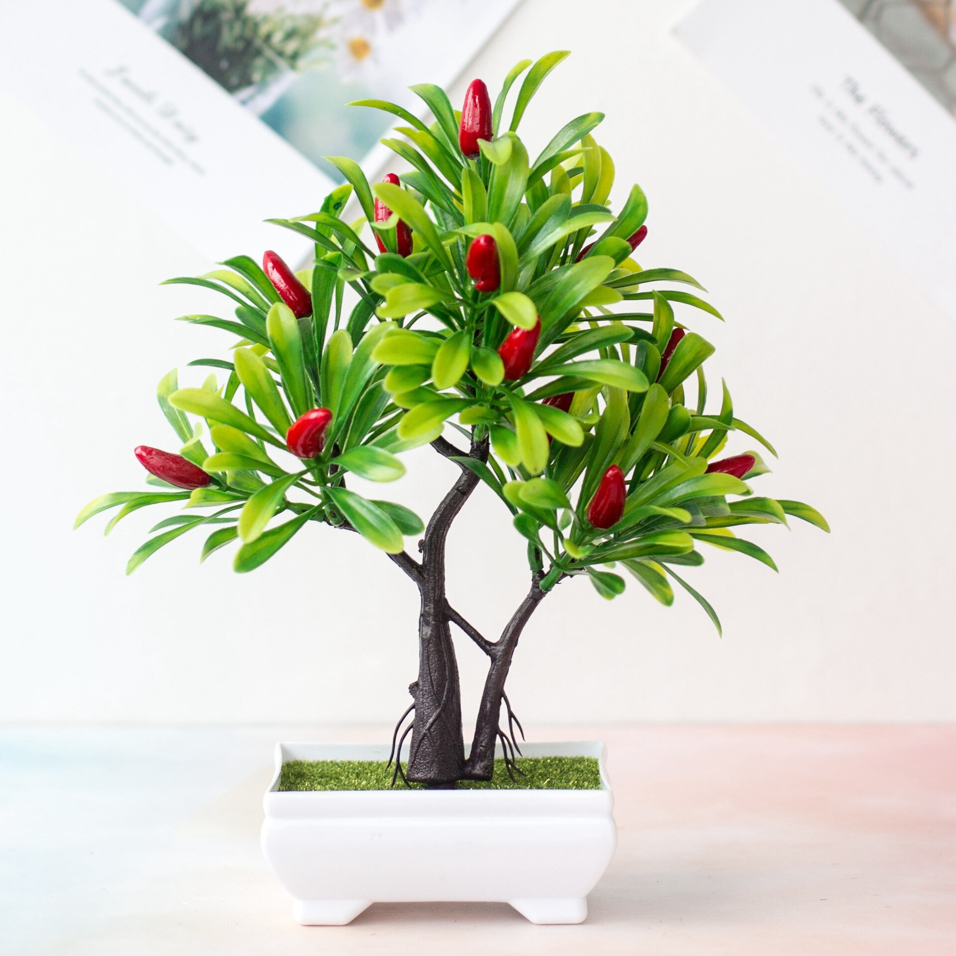 Kunstige planter bonsai simulering plast appelsin frugttræ potteplante potte ornamenter til hjemmet have hotel fest indretning: 16 hoved peber