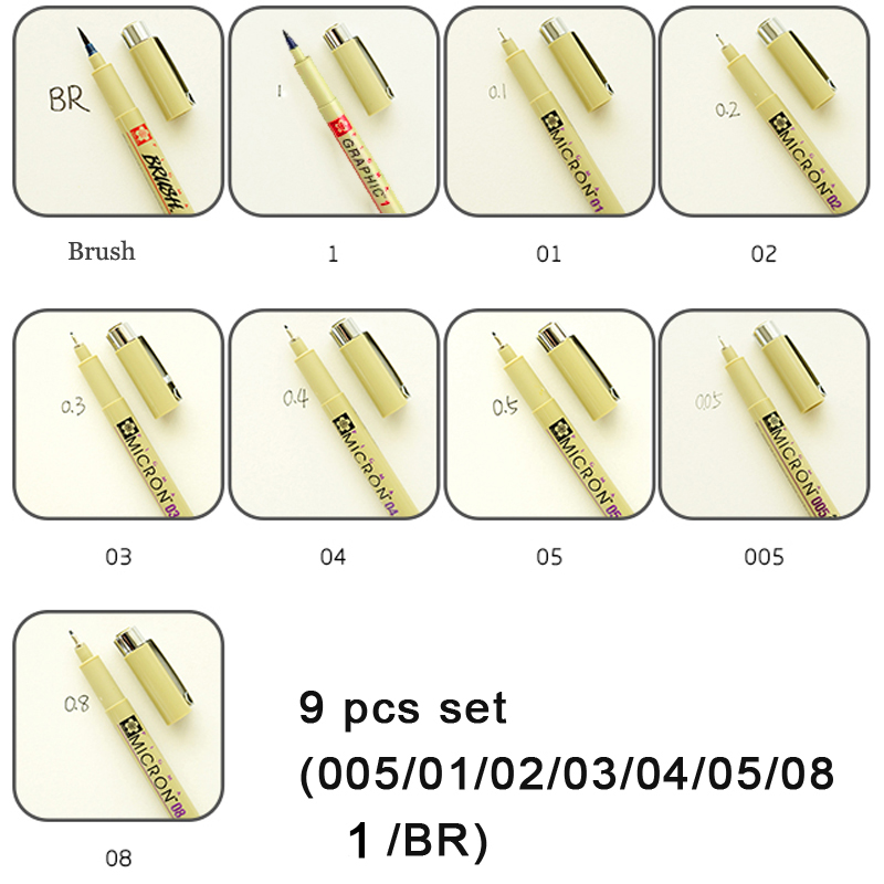 7/9Pcs Sakura Liner Pen Set Waterdichte Zwarte Fineliner Micron Pen Schets Tekening Marker Kunstenaar Markers School levert: 9pcs set