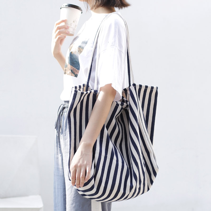 Large Capacity Canvas Women's Bag Retro Simple Striped Women's Shoulder Bag Multifunctional Casual Open Tote Shopping Bag