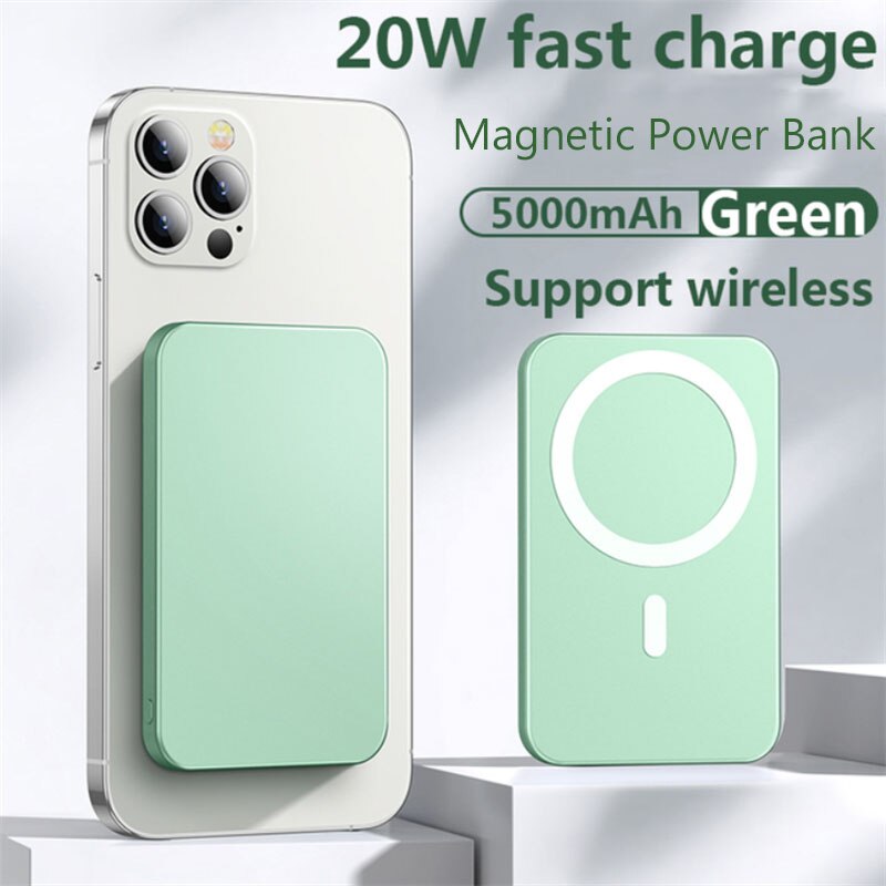 10000mAh Magnet For iPhone 12 12pro max 12mini Battery Pack Magnetic 15W Fast Wireless Power Bank Chargers External Battery: 5000mAh Green