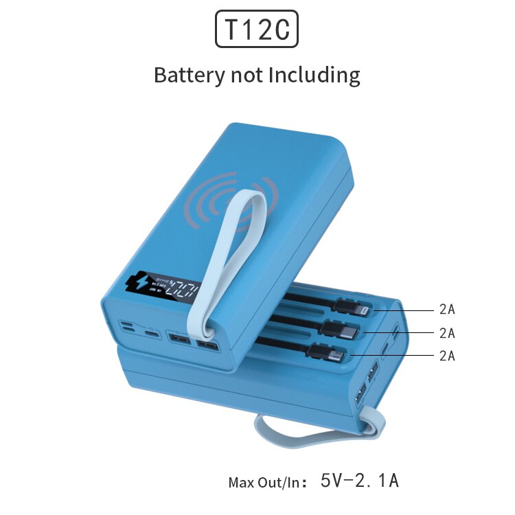 Blaues ladegerät-akkugehäuse, 12*18650 akkuhalter, ladebox pd -qi 10w 12v-1.5a, diy-powerbank für handy, drei usb-anschlüsse: T12c- blau