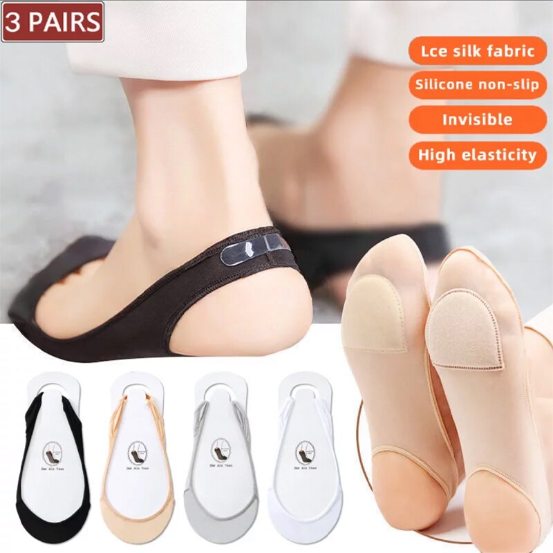 Calcetines invisibles antideslizantes de silicona para mujer, medias finas de media palma con tirantes de seda de hielo para zapatos de tacón alto, 3 pares