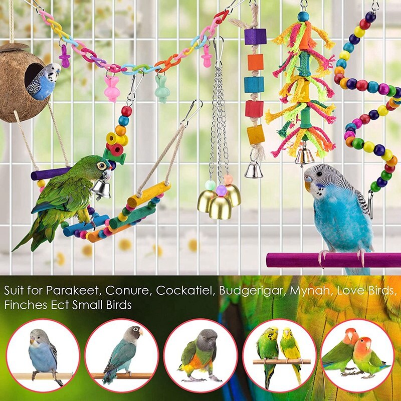 8 Pcs Vogel Papegaai Speelgoed, Opknoping Houten Kokosnoot Vogels Huis Met Ladder, stand Kauwen Bell Huisdier Vogels Kooi Speelgoed Accessoires