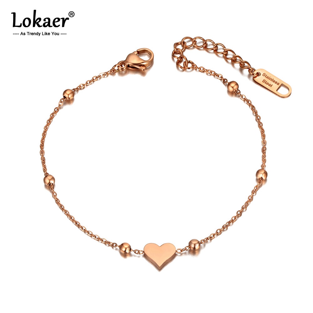 Lokaer Titanium Stainless Steel Heart Charm Bracelets For Women Girls Cute/Romantic Rose Gold Chain Link Bracelet Jewelry B20069