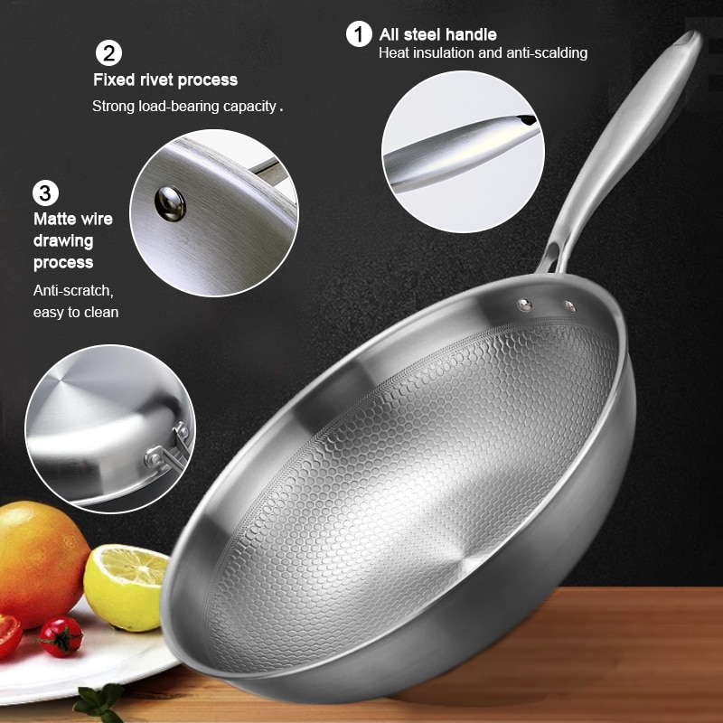 Stainless Steel Frying Pan Five-layer Pans Dot Texture Uncoated Pan Induction Compatible 28cm Kitchen Cookware