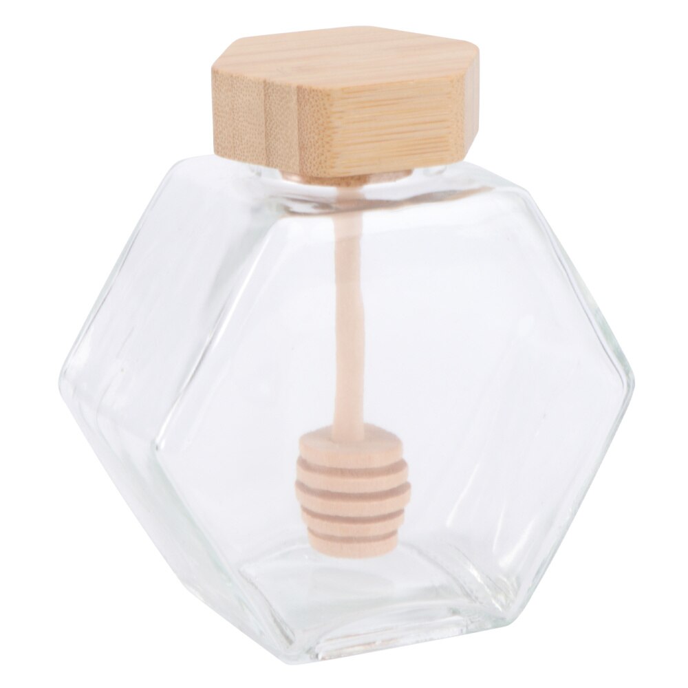 Bsbkoj Honingpotten met lepel, 500 ml glazen honingpot container met houder dispenser en houten deksel, perfect voor het bewaren van honing en siroop, ideaal keukenaccessoire voor zoetstoffen