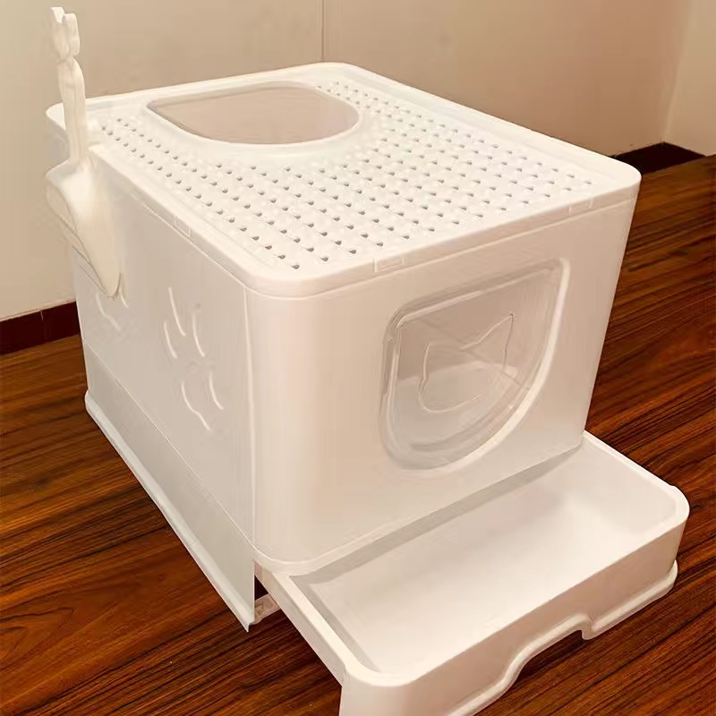 Caja de arena grande para gatos, arenero cerrado, bandeja de arena de plástico, antisplas, productos para mascotas, Alfombra de cama: white 50X40X38 cm