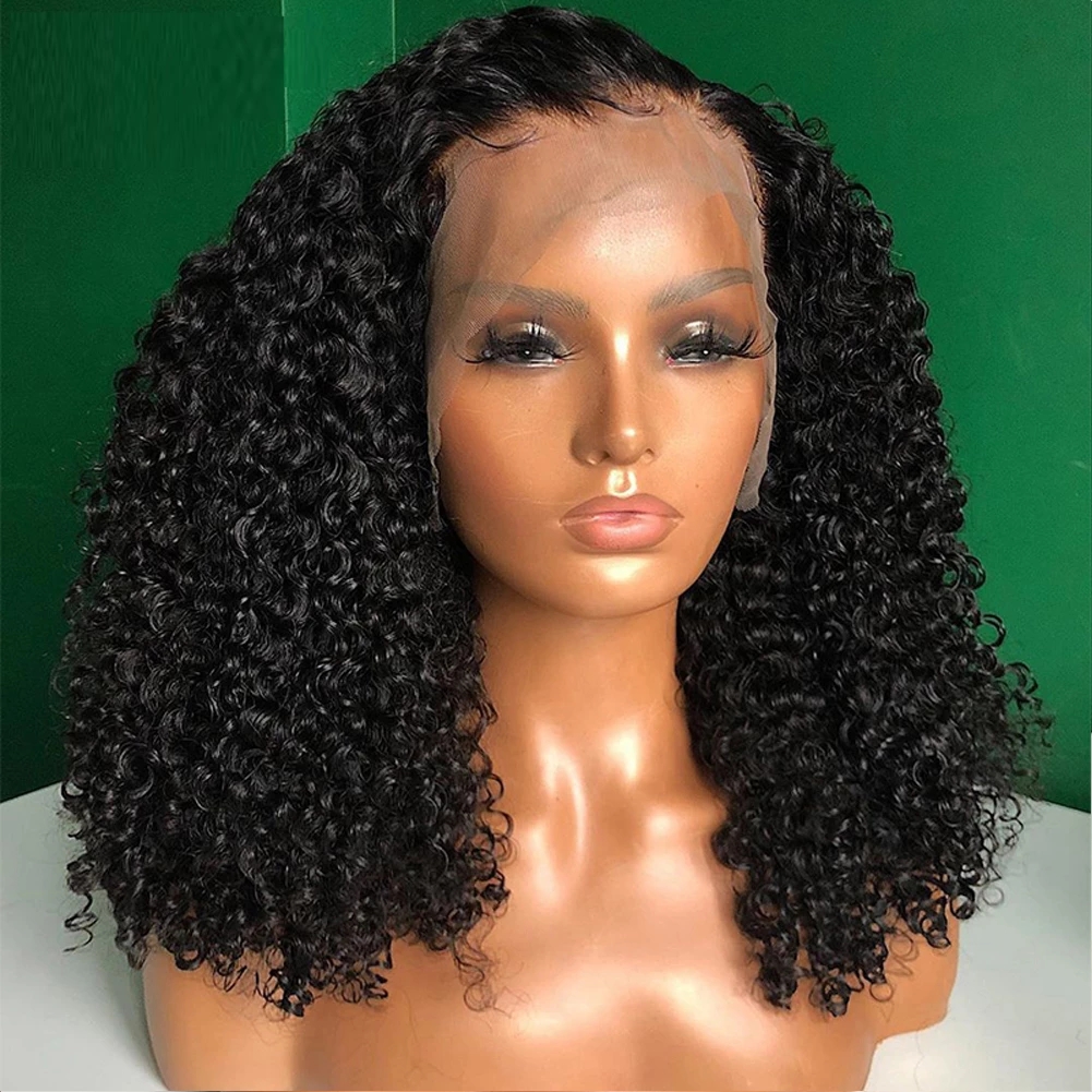 Black Bob Kinky Curly Middle Part Synthetic Lace Front Wigs for Woman With Babyhair Soft Heat Resistant Fiber Daily Wigs