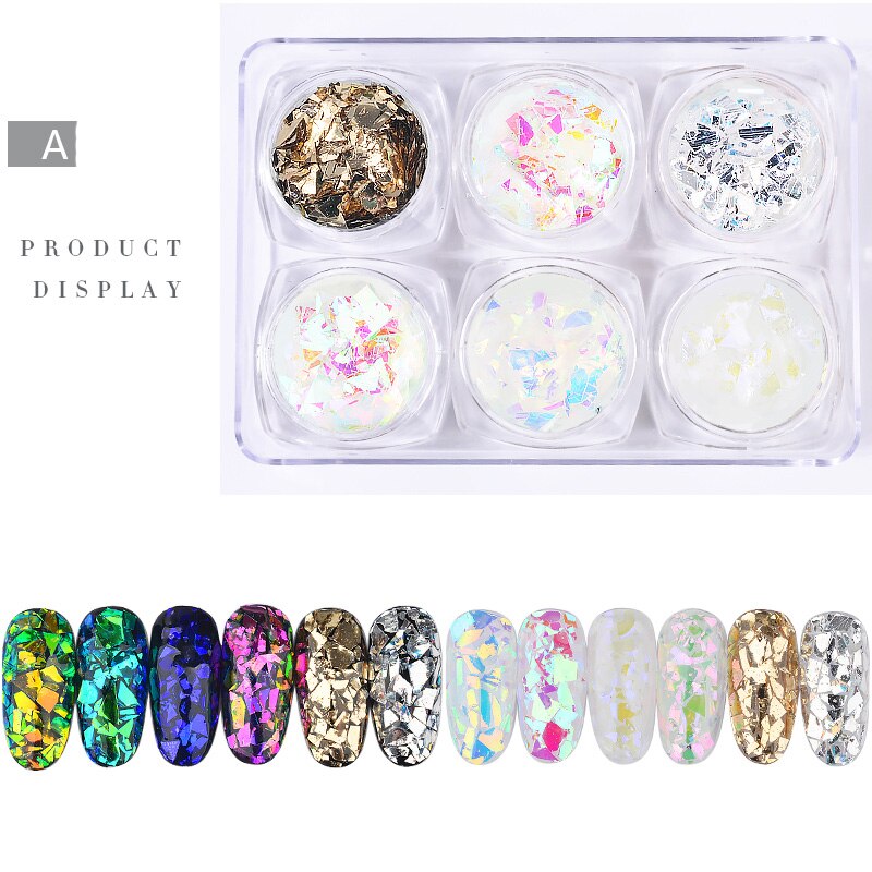 6 Potten/Set Gebroken Glas Papier Pailletten Nail Art Decoratie Vlokken Glitters 3d Nagels Tips Manicure Uv Gel polish Supply: A