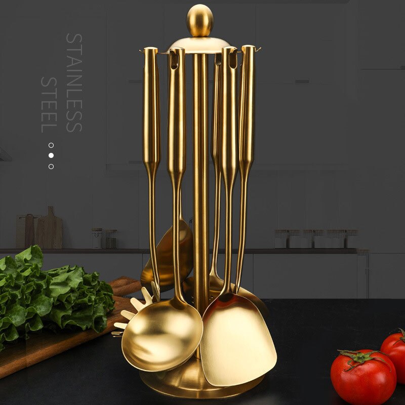 7Pcs Stainless Steel Kitchenware Set Luxury Golden Cooking Spoon Spatula Soup Colander Spatula Accessories Home Kitchen Tools