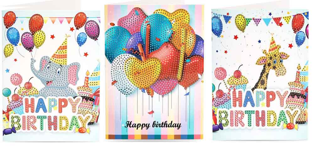 Cartes de vœux joyeux anniversaire diamant peinture | Rond 5d, kits de cartes de vœux, peinture diamant, broderie diamant, 13x18cm: Mix2 3pcs