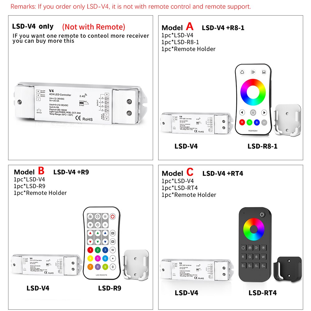 Dimmer 4 Channel LED Strips RGBW Controller V4 with Touch Screen RT4 RGBW Remote Controller RF for DC12V 24V Strips Controller