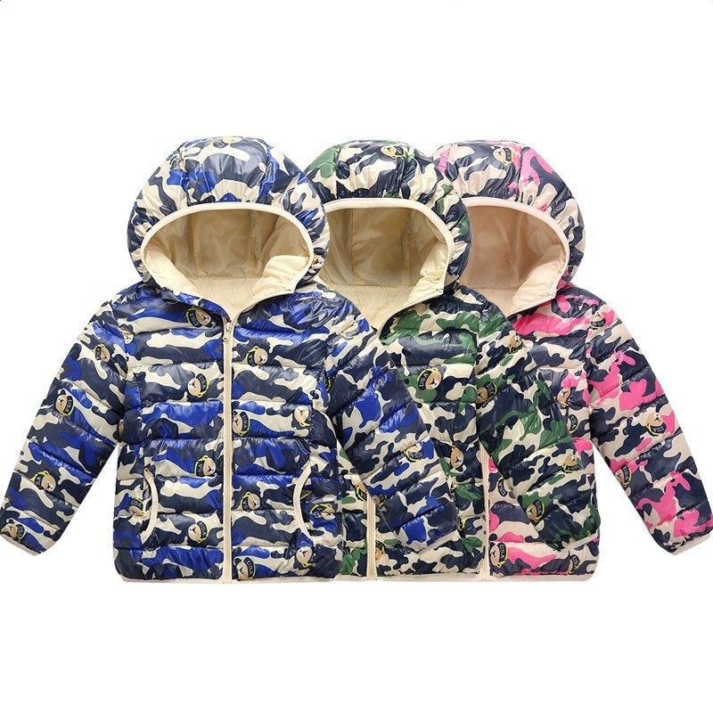 Veste en duvet de coton pour enfants, automne et hiver, manteau à capuche fin de Camouflage pour garçons et filles, vêtements d'extérieur Ultra légers avec fermeture éclair