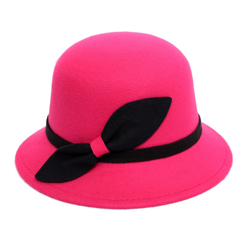 Hoeden Mode TopHat verkoop Fedora Chapeau Sombrero Mujer Vrouwen Faux Wol Emmer Hoeden Mode Bowler Cap Met Strik: Roze