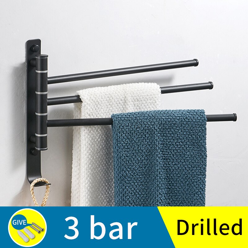 Bathroom rotating towel bar with hook stainless steel Towel rack wall mounted glue paste double towel cloakroom towel shelf: A-3bar(drilled)