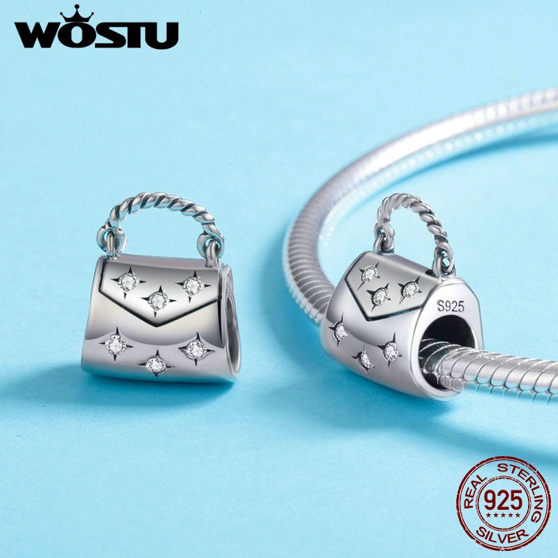 WOSTU 925 Sterling Silver Clear Cubic Zircon Bright Life Handbag Beads Fit For Women Original Brand Bracelet CQC607