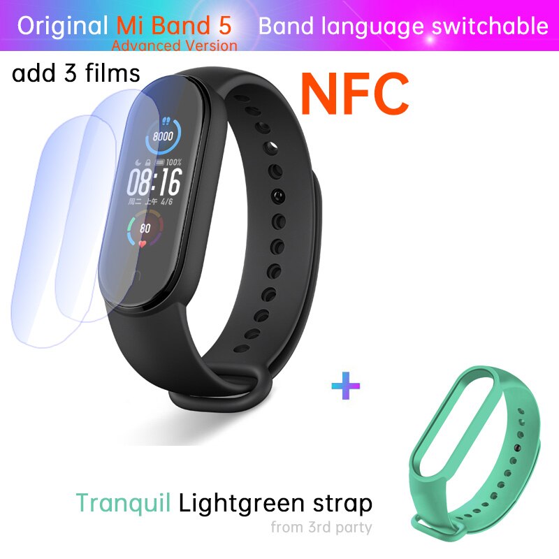 Xiaomi-Pulsera deportiva inteligente Mi Band 5 para mujer, monitor de salud, estándar o NFC, control de estrés, ritmo cardíaco, del sueño, contador de pasos, para deporte fitness y natación, incluye alarma: NFC n film l green