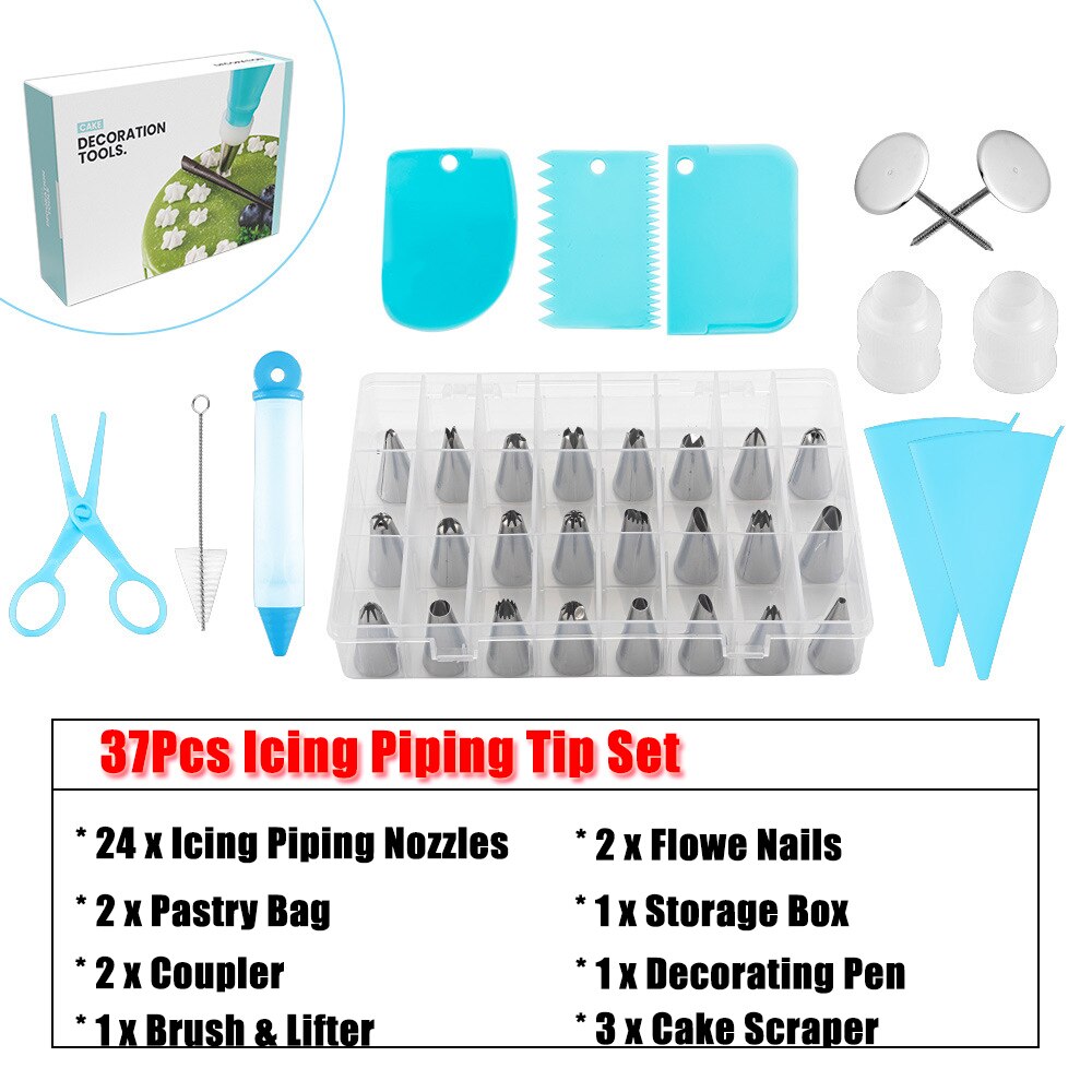 33/37/42Pcs Cake Gereedschap Icing Piping Tips Nozzle Set Cake Decorating Gereedschap Set Met Siliconen Patry tas Taart Schraper Bloem Nail: 9583