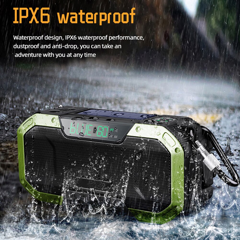 Portable Bluetooth Speaker AM/FM Emergency Radio Hand Crank Solar Radio LED Flashlight 5000mAh Power Bank USB Cell Phone Charger