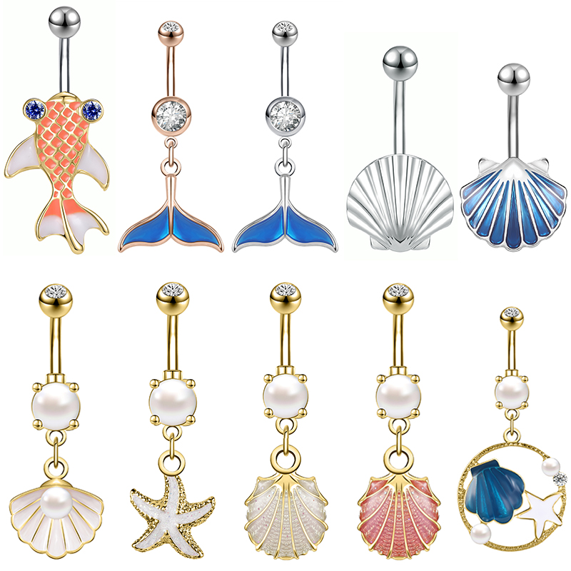 AOEDEJ, 14G, 1 pieza, anillo para Piercing en el ombligo de estrella de mar de cristal, joyería para Piercing corporal con perlas, anillo para el ombligo de concha para mujer de verano
