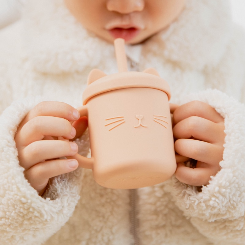 2PCS Baby Feeding Cups Silicone Drinkware Cute Cartoon Cat Sippy Cup For Toddlers Kids Sippy Cup Lids Solid With Handle Drinker