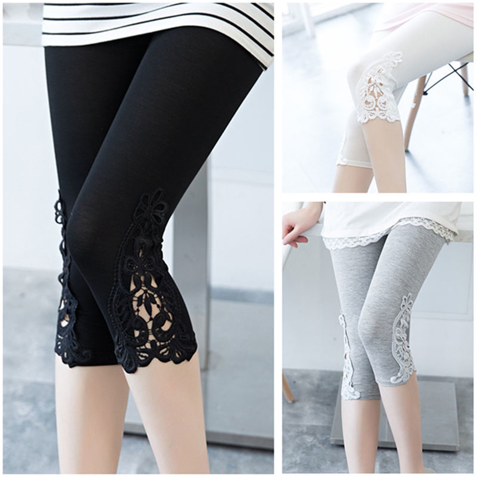 Damen Sommer Spitze Leggings - 3/4 Länge Crop Caprihosen - Hoher Spandex Fitness Hosen