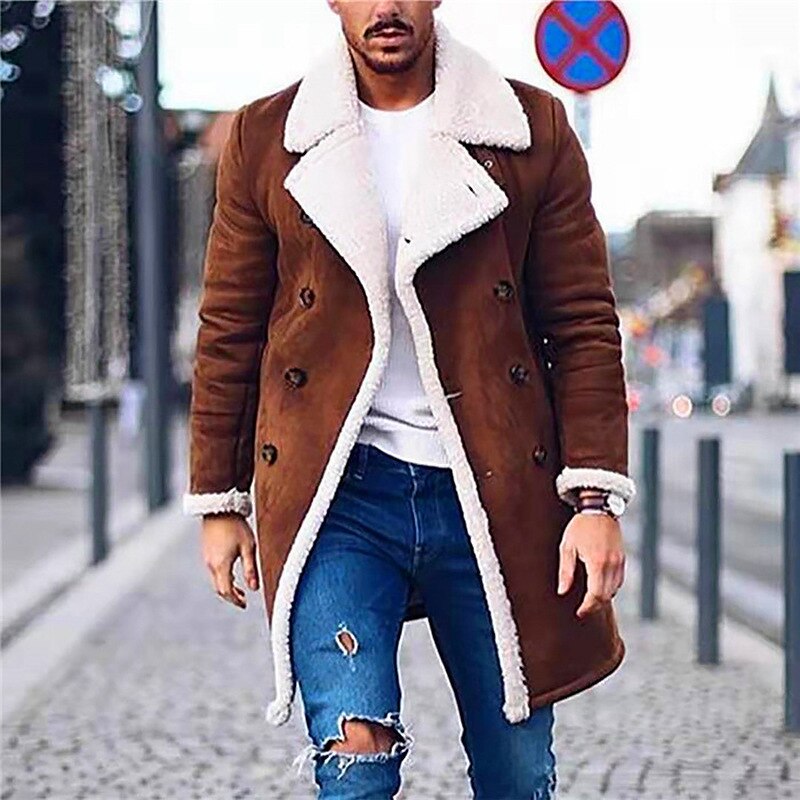 Herre vinter uld fleece lang overfrakke overtøj varm ruskind frakke mandlige mænd brun lang trench jakke m -3xl