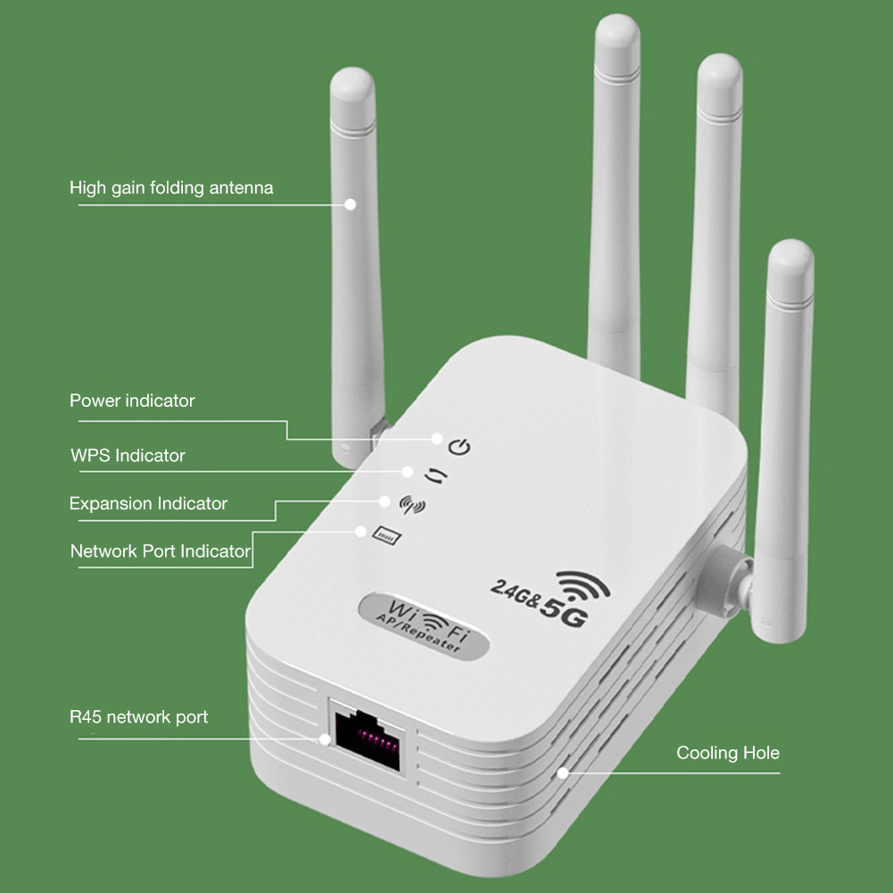 Wzmacniacz sygnału wi-fi 1200 mb/s, bezprzewodowy, z portem wan/lan, dwupasmowy, 2.4 ghz, wzmacniacz sygnału wi-fi /5 ghz, 4 anteny, wzmacniacz sygnału wi-fi