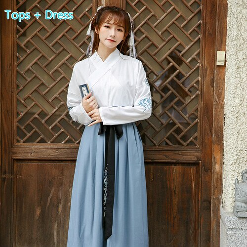 Ancient Hanfu Dress Female Student Costume Embroidery Tang Suit Classical Fairy Princess Outfit Ancient Stage Dress: 2pcs / XXL