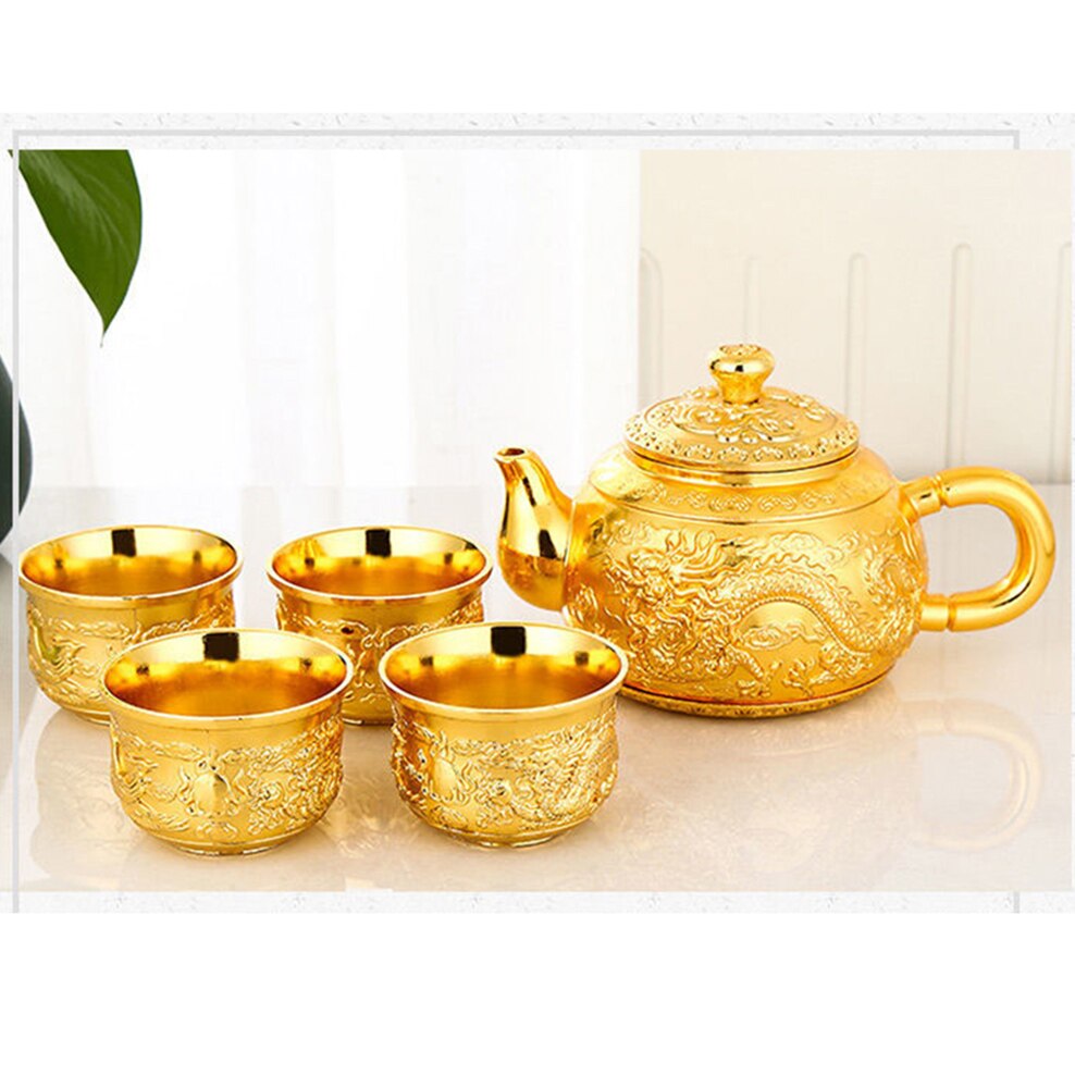 Vietnamese Shakin Tea Set 6-Piece Set Alloy Gold-Plated Dragon - Phoenix Teapot / Teacup / Tray Tea Table Ornaments Tea Set