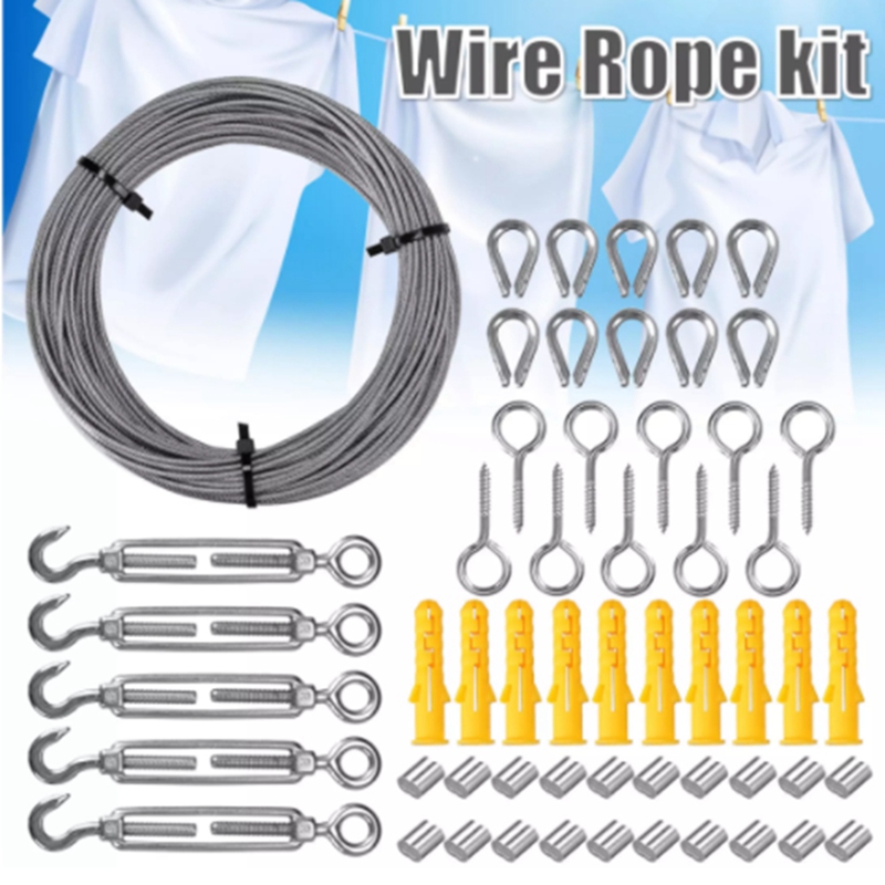30M Wire Rope Cable Stainless Steel Turnbuckle Cord Kit for Sun Shade Tent Installation Lights String Suspension Kit