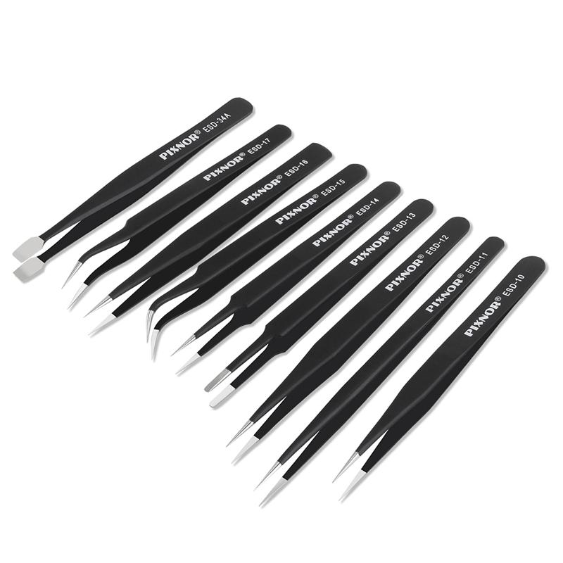 PIXNOR 9pcs Premium Anti-Static ESD Stainless Steel Tweezers Set For Electronics Jewelry-Making Laboratory Work Hobbies