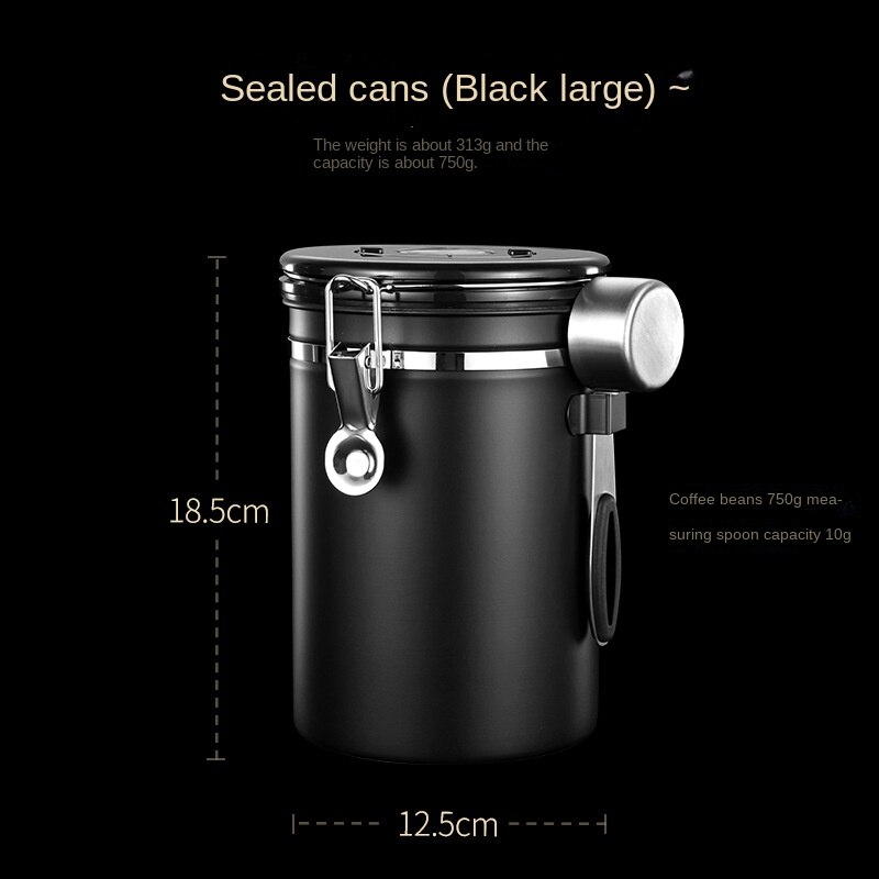 Vacuum Unidirectional Exhaust Coffee Bean Container with Spoon Airtight Jar Stainless Steel Canister Food Storage Containers: 1800ml black