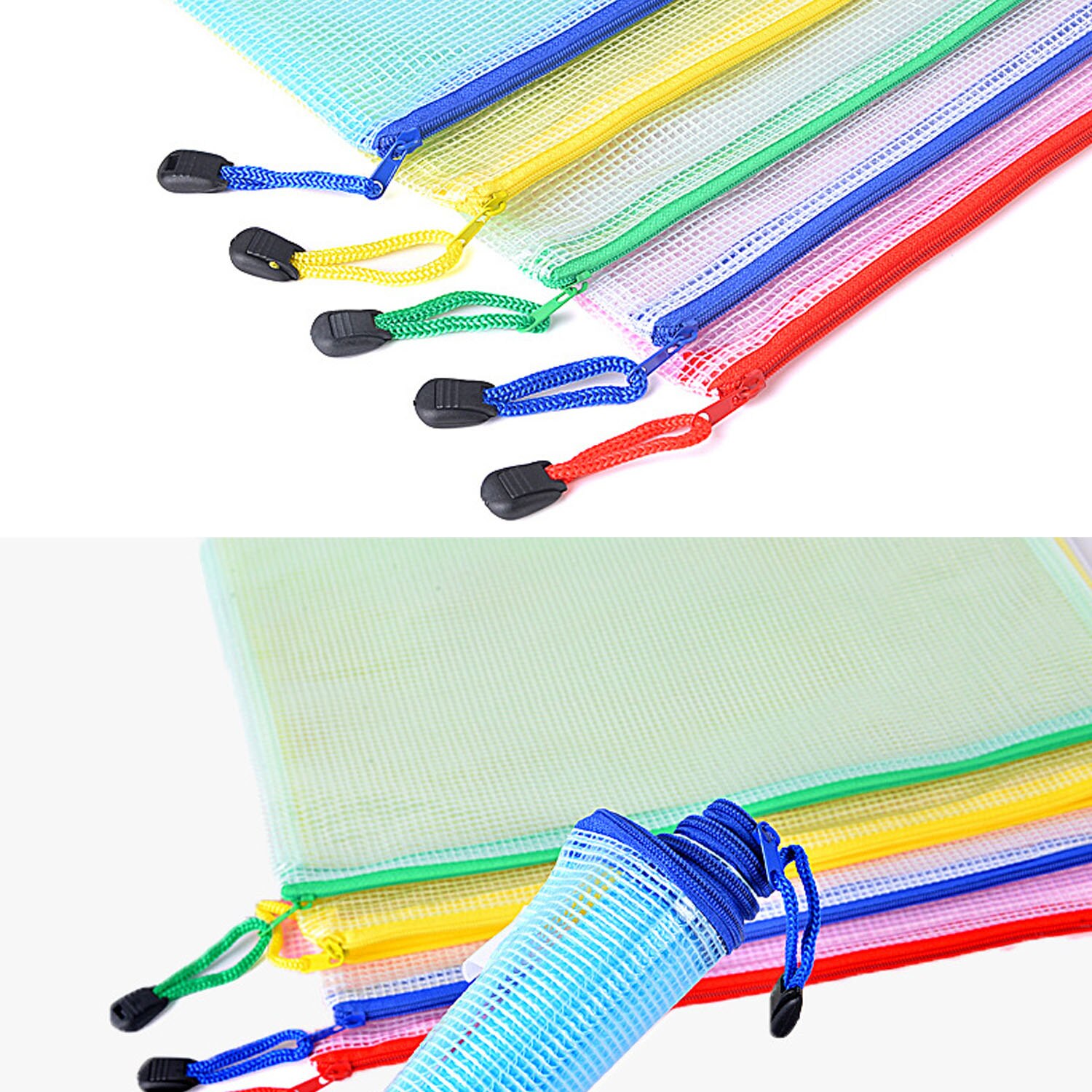 5pcs A4 Document Folder Mesh Documents Paper File Storage File Organizer with Zipper for Office School Students Supplies