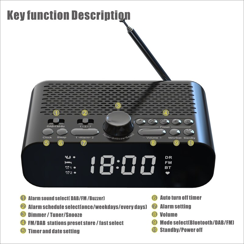 -Digital Alarm Clock DAB/FM Radio, Support Bluetooth Connection, with Bass Diaphragm, LED High-Definition Display