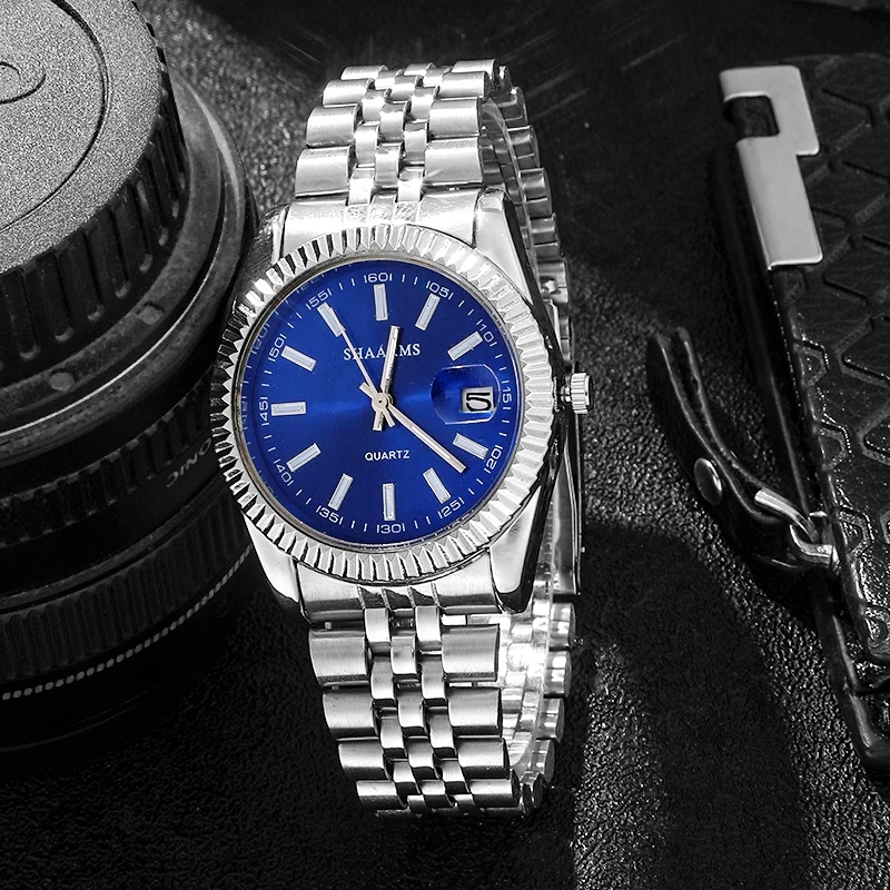 Horloges Heren Topmerk Luxe Blauw Horloge Kalender Met Roestvrij Stalen Band Business Quartz Horloge Relogio Masculino