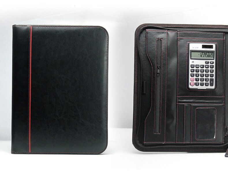 Multifunktionel personlig business lynlås padfolio mappe dokument taske organizer pu læder  a4 mappe mappe portefølje lommeregner: Sort b