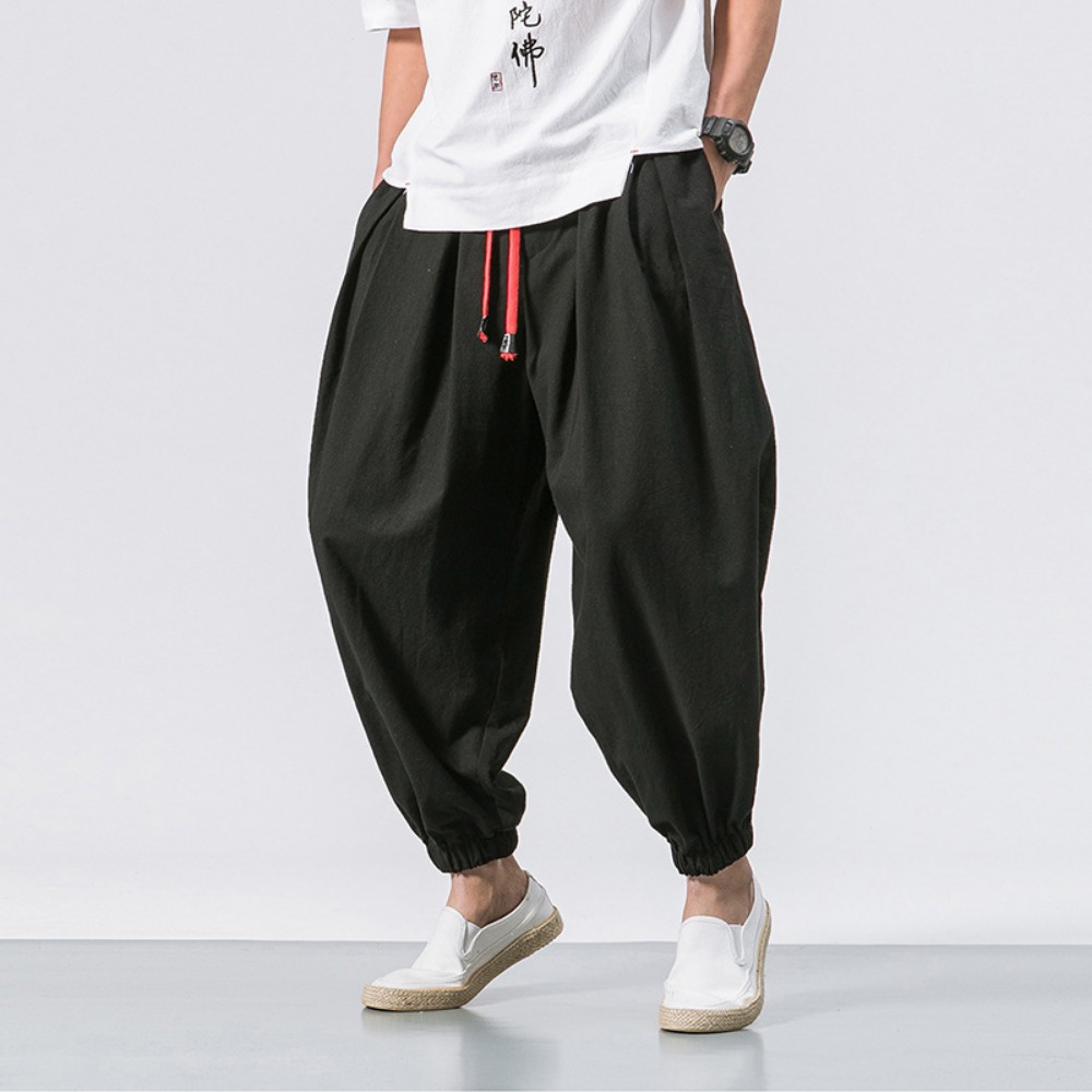 oversized heren harembroek losse Chinese stijl katoen en linnen joggingbroek joggers casual broek heren: L / Black