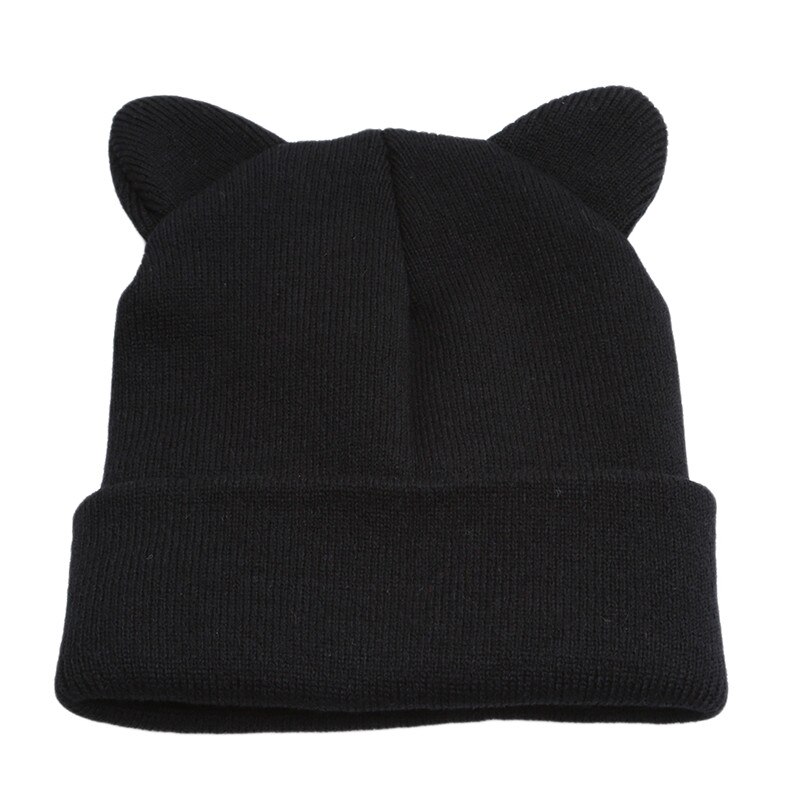 Høst vinterstrikkede luer skullies for kvinner utendørs slouchy panser casual cat ear hat caps: Svart