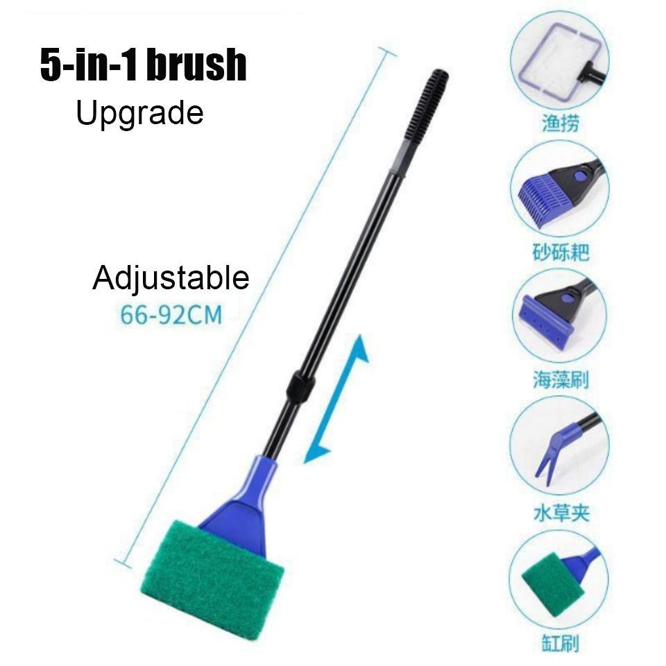 5-IN-1 Aquarium Cleaning Tools Fish Tank Cleaning Set Fish Net Gravel Rake Algae Scraper Fork Sponge Brush Glass Cleaner: 5in1 brush upgrade