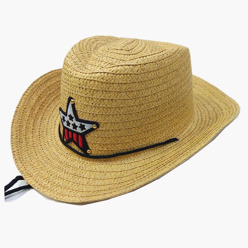 Børns cowboyhat sommer stråhat drenge og piger fem-spids stjerne patch solhat søde børns strand visir hat: 7