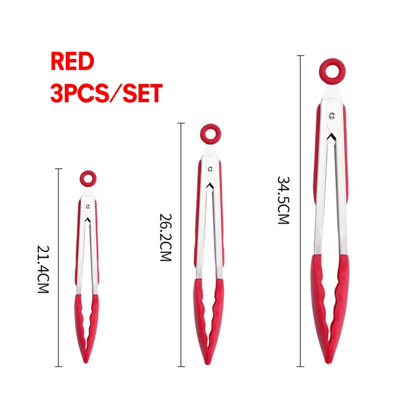 Juego de 3 pinzas de acero inoxidable para cocina utensilios de cocina con puntas de silicona, sin BPA, para ensalada, pan, pinzas para comida, herramientas para barbacoa: 3pcs red