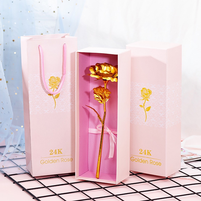 24K Gold Foil Rose Valentine's Day Rose Emulated Flower Single Gold-plated Rose Bouquet Gold Foil Flower Box