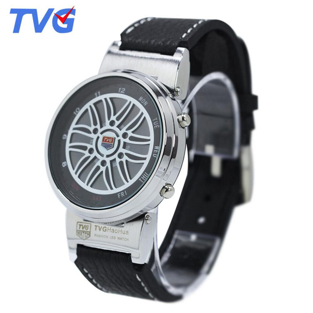 Tvg unieke auto roulette velg horloges heren blauwe led binaire horloges leren band elektronische polshorloges heren sporthorloges