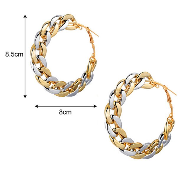 Bohemian Oversize Chain Hoop Earrings For Women Double Gold Silver Color Circle Earrings Luxury Statements: 8x8.5cm