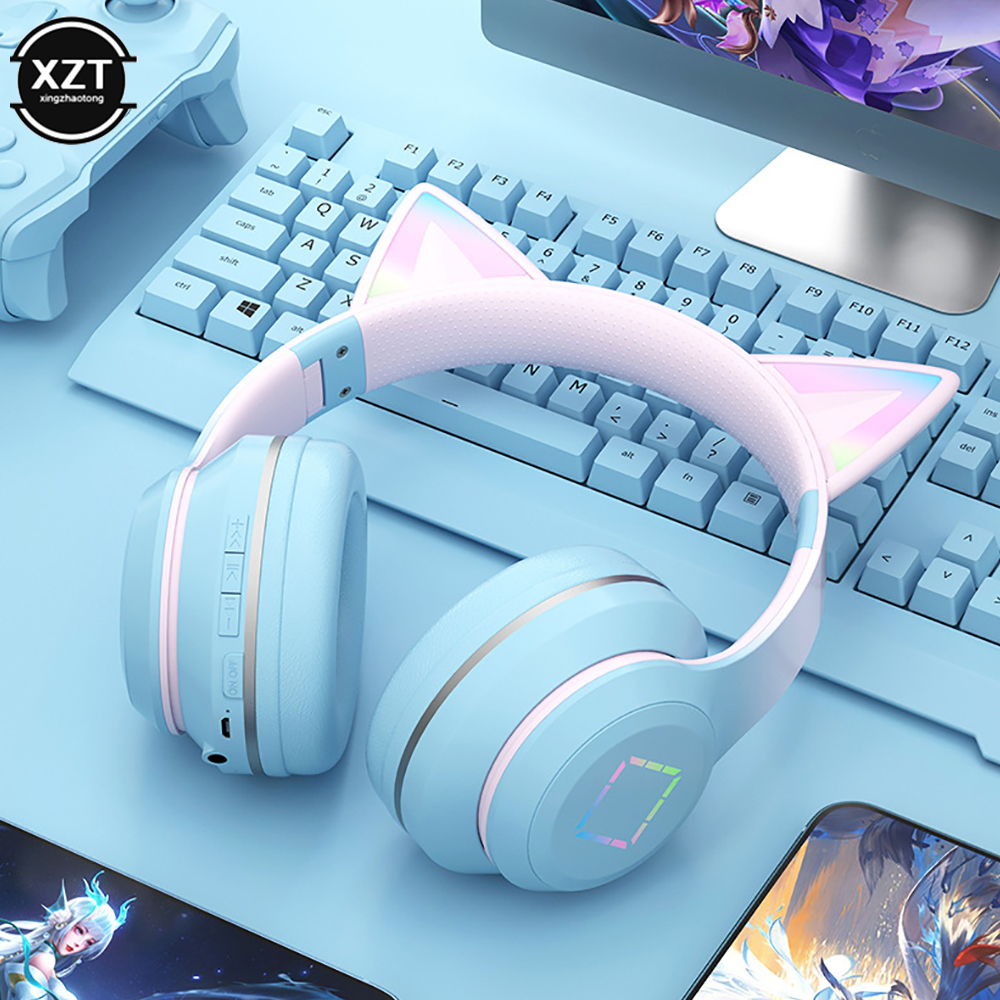 Headset Bluetooth 5.1 Draadloze Gamer Schattige Kat Oor Koptelefoon Met Microfoon Rgb Led Licht Voor Kinderen Pc Gamer Laptop Oordopjes